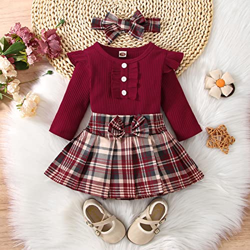 Infant Toddler Baby Girl Fall Winter Outfits Long Sleeve Romper Knitted Bodysuit with Plaid Skirt 2Pcs Christmas Outfits (Wine Red, 9-12 Months)