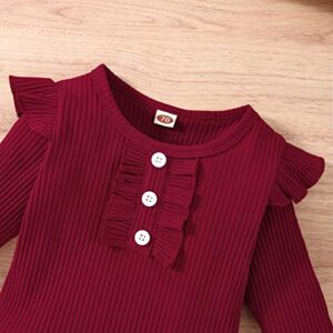 Infant Toddler Baby Girl Fall Winter Outfits Long Sleeve Romper Knitted Bodysuit with Plaid Skirt 2Pcs Christmas Outfits (Wine Red, 9-12 Months)