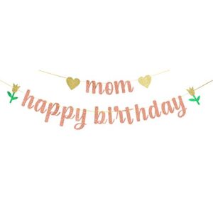rose gold glitter mom happy birthday banner – mother’s birthday party decorations – women’s birthday party supplies