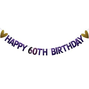 happy 60th birthday banner, pre-strung, purple glitter paper garlands banner for 60th birthday party decorations supplies, letters purple, betteryanzi