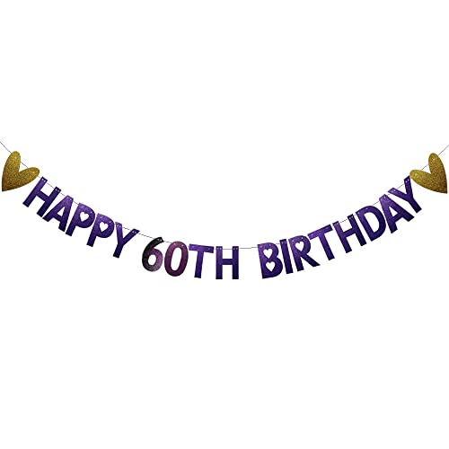 Happy 60th Birthday Banner, Pre-Strung, Purple Glitter Paper Garlands Banner for 60th Birthday Party Decorations Supplies, Letters Purple, Betteryanzi