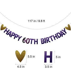 Happy 60th Birthday Banner, Pre-Strung, Purple Glitter Paper Garlands Banner for 60th Birthday Party Decorations Supplies, Letters Purple, Betteryanzi