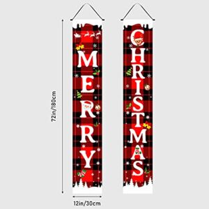 Merry Christmas Door Banner, Plaid Christmas Porch Sign, Outside Xmas Front Door Decorations Outdoor