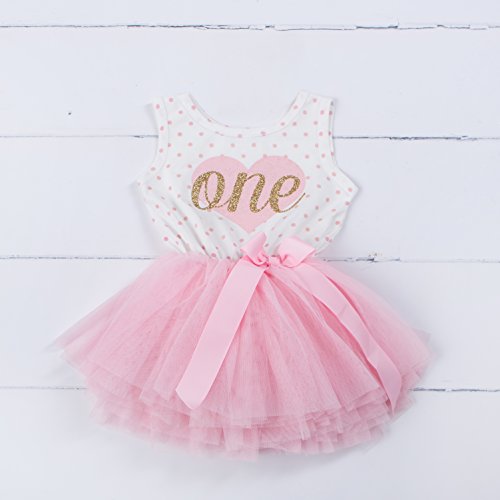 Grace & Lucille - Dress First Birthday | Pink Polka Dot Tutu Dress | Sleeveless Gold Sequin Heart Dress | 12-24 Months | 1T / 2T | Pink Polka Dot