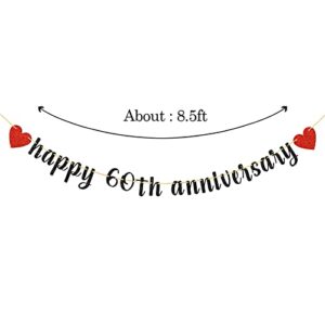 WeBenison Glitter Happy 60th Anniversary Banner, 60th Wedding Anniversary Party Banner Decor, 60th Anniversary Party Decorations Black & Red