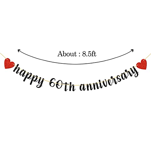 WeBenison Glitter Happy 60th Anniversary Banner, 60th Wedding Anniversary Party Banner Decor, 60th Anniversary Party Decorations Black & Red
