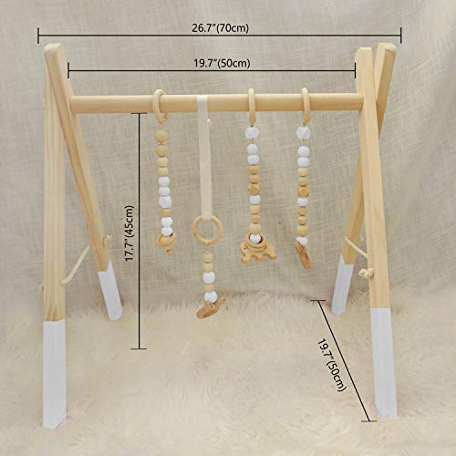 Cynzia Baby Foldable Wooden Play Gym with 4 Theething Gym Toys Frame Activity Gym Natural Hanging Bar Newborn Gift Baby Girl and Boy Gym (White)