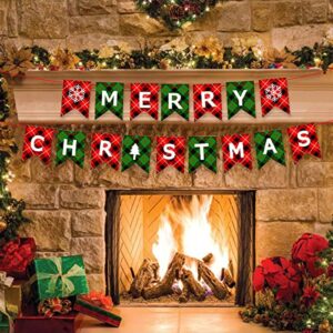 red&green merry christmas banner, christmas party decoration,christmas plaid bunting garland for outdoor indoor hanging decor and fireplace xmas party holiday supplies decoration