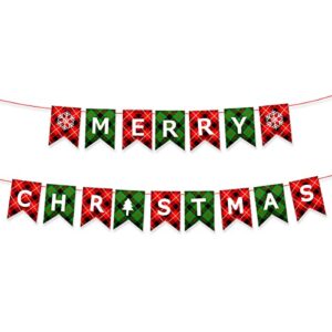 Red&Green Merry Christmas Banner, Christmas Party Decoration,Christmas Plaid Bunting Garland for Outdoor Indoor Hanging Decor and Fireplace Xmas Party Holiday Supplies Decoration