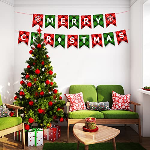 Red&Green Merry Christmas Banner, Christmas Party Decoration,Christmas Plaid Bunting Garland for Outdoor Indoor Hanging Decor and Fireplace Xmas Party Holiday Supplies Decoration