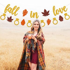 Fall in Love Banner Autumn Maple Leaves Garland for Fall Themed Wedding Engagement Bachelorette Bridal Shower Bride to be Valentines Thanksgiving Day Party Supplies Gold Glitter Decorations