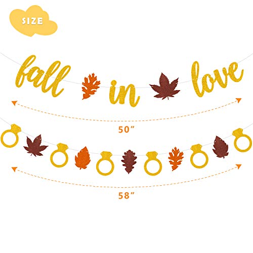 Fall in Love Banner Autumn Maple Leaves Garland for Fall Themed Wedding Engagement Bachelorette Bridal Shower Bride to be Valentines Thanksgiving Day Party Supplies Gold Glitter Decorations