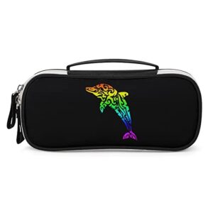 Rainbow Dolphin Printed Pencil Case Bag Stationery Pouch with Handle Portable Makeup Bag Desk Organizer