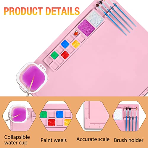 Silicone Craft Mat, 20"x 16" Nonstick Silicone Painting Mat Large Silicone Art Mat with Cleaning Cup and Paint Holder, Multipurpose Silicone Craft Sheet for Painting Clay Resin Casting