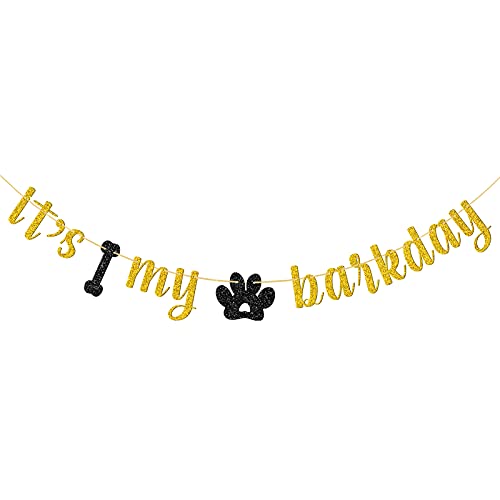 WeBenison Glitter It's My Barkday Banner, Pet Dog Birthday Banner, Puppy Birthday Party Decorations Gold & Black