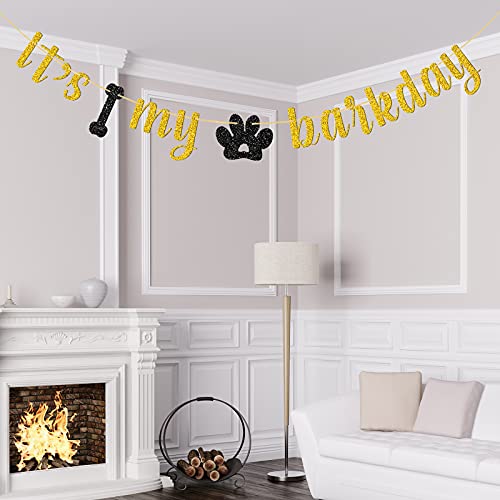 WeBenison Glitter It's My Barkday Banner, Pet Dog Birthday Banner, Puppy Birthday Party Decorations Gold & Black