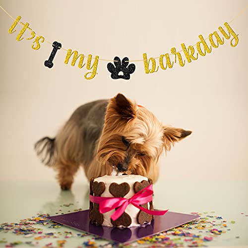 WeBenison Glitter It's My Barkday Banner, Pet Dog Birthday Banner, Puppy Birthday Party Decorations Gold & Black