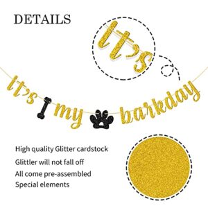 WeBenison Glitter It's My Barkday Banner, Pet Dog Birthday Banner, Puppy Birthday Party Decorations Gold & Black