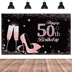 excelloon happy 50th birthday banner backdrop decorations for women, rose gold happy 50 year old birthday party poster supplies photo props, fifty birthday party decor sign (6 x 3.6ft)