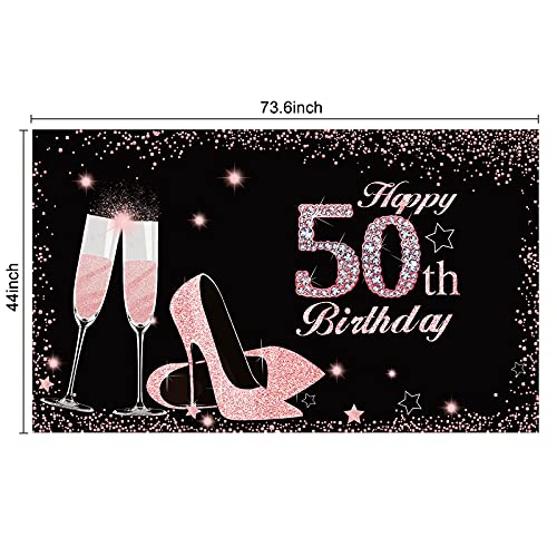 Excelloon Happy 50th Birthday Banner Backdrop Decorations for Women, Rose Gold Happy 50 Year Old Birthday Party Poster Supplies Photo Props, Fifty Birthday Party Decor Sign (6 X 3.6ft)