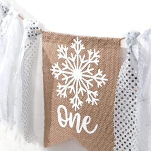 White Snowflake High Chair Banner - White Winter Onederland, White Snowflake 1st Birthday, Snowflake White & Burlap Farmhouse Birthday Banner