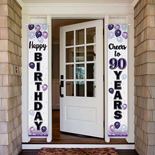 LASKYER Happy 90th Birthday Purple Door Banner - Cheers to Ninety Years Old Birthday Front Door Porch Sign Backdrop,90th Birthday Party Decorations.