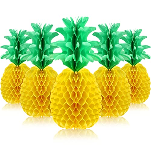 6 Pieces 14 Inch Pineapple Honeycomb Centerpieces Tissue Paper Pineapple Table Hanging Decorations for Tropical Luau Hawaiian Jungle Party