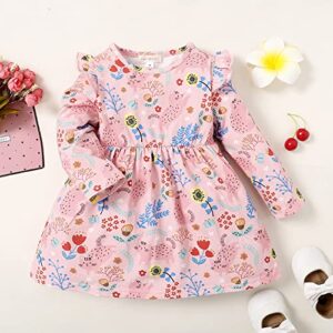 Toddler Girl Floral Cat Pink Dress Long Sleeve Baby Girl Cotton Fall Outfit(Cat/4T)