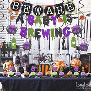 Aisosiks A Baby is Brewing Halloween Baby Shower Decorations with A Baby is Brewing Banner, Cake Topper, 24pcs Cupcake Toppers and Hanging Swirls for Halloween Baby Shower Party Decorations