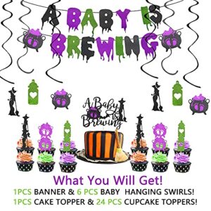 Aisosiks A Baby is Brewing Halloween Baby Shower Decorations with A Baby is Brewing Banner, Cake Topper, 24pcs Cupcake Toppers and Hanging Swirls for Halloween Baby Shower Party Decorations