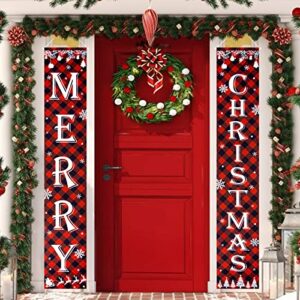 merry christmas banner for home, christmas porch sign outdoor indoor decorations, red buffalo plaid xmas porch banner for living room kitchen wall party farmhouse christmas decor