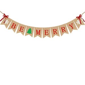 be merry burlap banner christmas decorations | rustic christmas tree snowflake sign burlap garland | christmas decor for mantle fireplace xmas holiday party supplies | outdoor indoor hanging decor