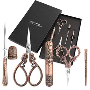 embroidery scissors kits include 2 pairs vintage scissors, european style sewing scissors with sewing needle case, thimble, threader, complete sewing kit for embroidery, needlework (red copper)