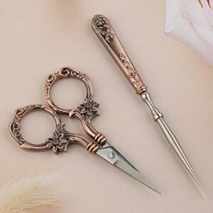 Embroidery Scissors Kits Include 2 Pairs Vintage Scissors, European Style Sewing Scissors with Sewing Needle Case, Thimble, Threader, Complete Sewing Kit for Embroidery, Needlework (Red Copper)