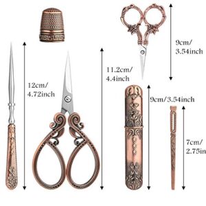 Embroidery Scissors Kits Include 2 Pairs Vintage Scissors, European Style Sewing Scissors with Sewing Needle Case, Thimble, Threader, Complete Sewing Kit for Embroidery, Needlework (Red Copper)