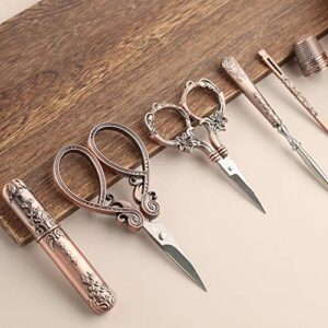 Embroidery Scissors Kits Include 2 Pairs Vintage Scissors, European Style Sewing Scissors with Sewing Needle Case, Thimble, Threader, Complete Sewing Kit for Embroidery, Needlework (Red Copper)