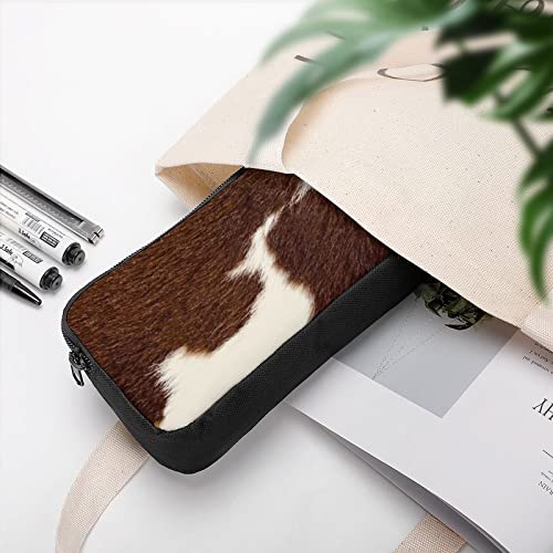 Real Brown And White Cow Hide Pencil Case Pen Bag Pencil Carrying Case Purse Organizer Pouch Makeup Storage Bag for Office/ College School