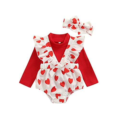 Kaipiclos Infant Baby Girl Valentine'S Day Outfits Ruffle Long Sleeve Pullover Love Heart Suspender Shorts Romper Fall Clothes