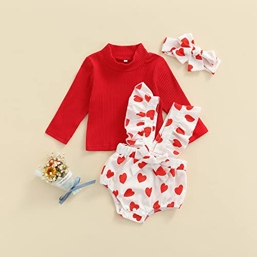 Kaipiclos Infant Baby Girl Valentine'S Day Outfits Ruffle Long Sleeve Pullover Love Heart Suspender Shorts Romper Fall Clothes