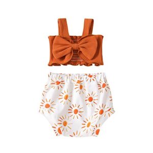 Toddler Girl Clothes Ribbed Bow Halter Crop Top Cute Tank Tops Rainbow Bloomers Shorts Baby Girl Summer Outfit (Brown-Sun, 12-18 Months)