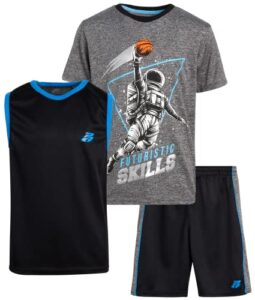 pro athlete boys’ active shorts set – 3 piece dry fit t-shirt, tank top, and basketball shorts (8-16), size 14/16, heather grey/future skills