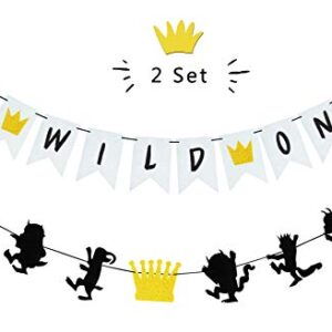 MOAXMOA Wild One Banner and Wild Things Banner Birthday Theme Party Supplies Baby Shower Photo Prop Decorations 17PCS Glitter Gold Silver and Black