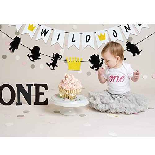 MOAXMOA Wild One Banner and Wild Things Banner Birthday Theme Party Supplies Baby Shower Photo Prop Decorations 17PCS Glitter Gold Silver and Black