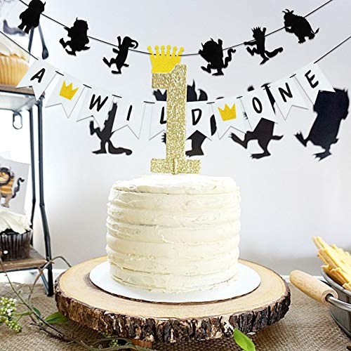 MOAXMOA Wild One Banner and Wild Things Banner Birthday Theme Party Supplies Baby Shower Photo Prop Decorations 17PCS Glitter Gold Silver and Black