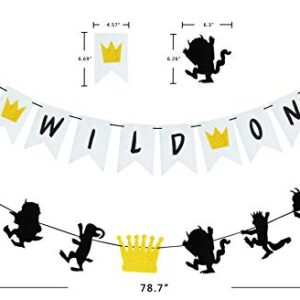 MOAXMOA Wild One Banner and Wild Things Banner Birthday Theme Party Supplies Baby Shower Photo Prop Decorations 17PCS Glitter Gold Silver and Black