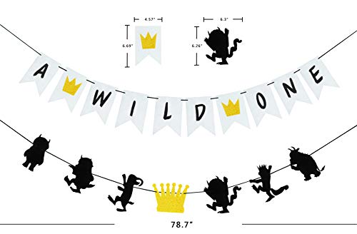 MOAXMOA Wild One Banner and Wild Things Banner Birthday Theme Party Supplies Baby Shower Photo Prop Decorations 17PCS Glitter Gold Silver and Black