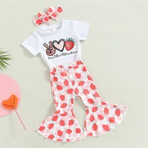 Toddler Kids Baby Girl Summer Outfit Strawberry Print Short Sleeve T-Shirt Tops Flare Pants Headband 3pcs Clothes (White Strawberry,12-18M)