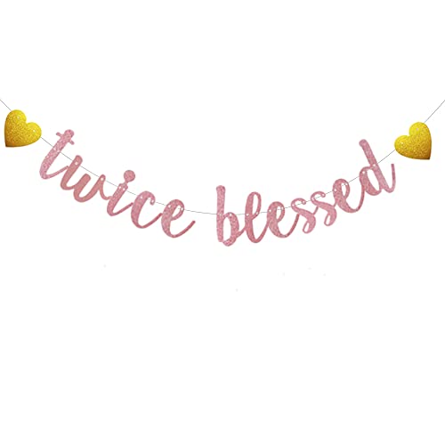 Twice Blessed Banner, Pre-Strung, No Assembly Required, Rose Gold Glitter Paper Party Decorations for Pregnancy Announcement/Gender Reveal/Twins Baby Shower Party Supplies, Letters Rose Gold,ABCpartyland