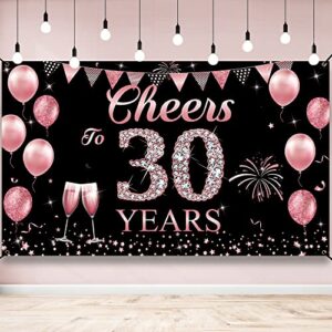 happy 30th birthday decorations for women, cheers to 30 years backdrop banner, rose gold 30 years celebration party decoration supplies, 30th anniversary banner for outdoor indoor, vicycaty