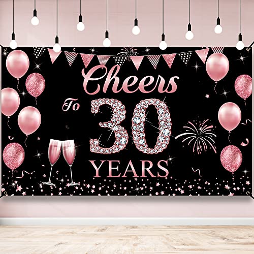 Happy 30th Birthday Decorations for Women, Cheers to 30 Years Backdrop Banner, Rose Gold 30 Years Celebration Party Decoration Supplies, 30th Anniversary Banner for Outdoor Indoor, Vicycaty